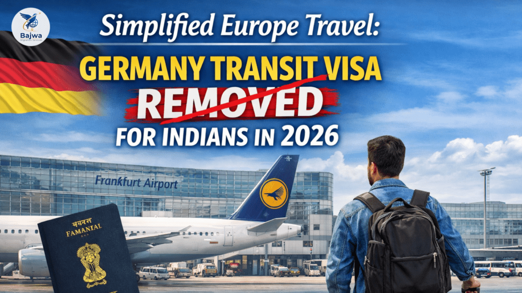 Germany airport transit visa removed for Indian travelers in 2026, showing a passenger at Frankfurt airport with ‘transit visa’ crossed out.