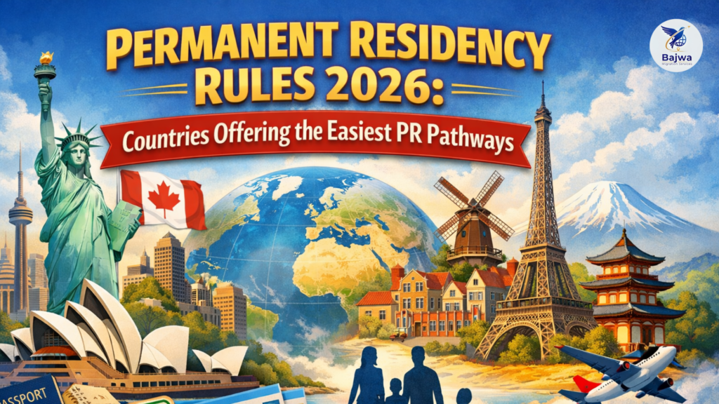 Permanent residency rules 2026 showing easiest PR pathways across top countries with global landmarks, passport approval, and family migration concept