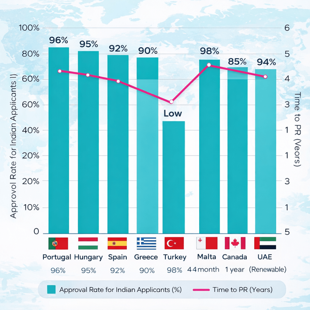 Permanent residency rules 2026 comparison showing countries offering the easiest PR pathways with approval rates and PR timelines for Indian applicants