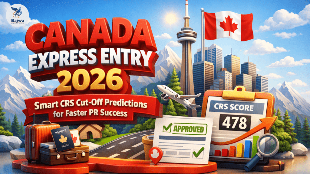 Canada Express Entry 2026 CRS cut-off predictions showing PR success roadmap and Canada visa approval insights