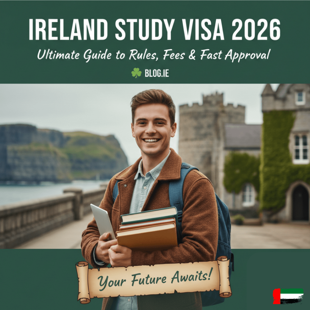 Ireland study visa 2026 guide showing student in Ireland, including Ireland study visa cost, Ireland student visa fees, processing time, and work permit after study