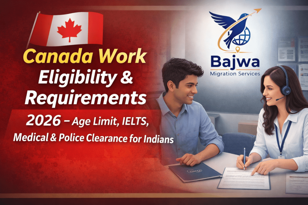 Canada work visa 2026 guide showing work visa Canada requirements, age limit, IELTS score, medical test and police clearance documents for Indian applicants