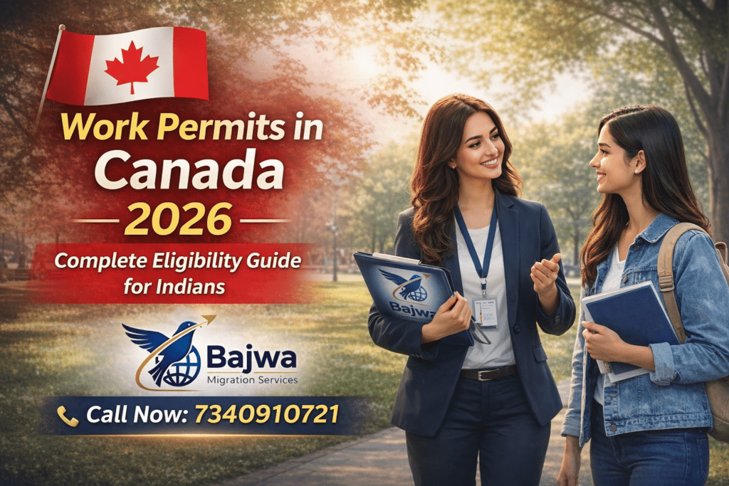 Work permits in Canada 2026 eligibility guide showing LMIA jobs Canada process and open work permits Canada application steps for Indian applicants