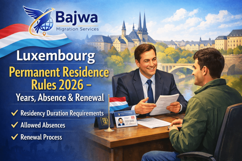 Luxembourg permanent residence rules 2026 showing minimum stay years, absence limits, renewal process, and expert tricks & tips for maintaining permanent residence status.