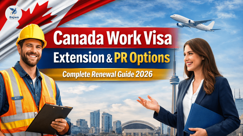 Canada Work Visa Extension & PR Options 2026 – Immigration consultant guiding a worker on work permit renewal and PR pathways in Canada, highlighting processing time and step-by-step guide.