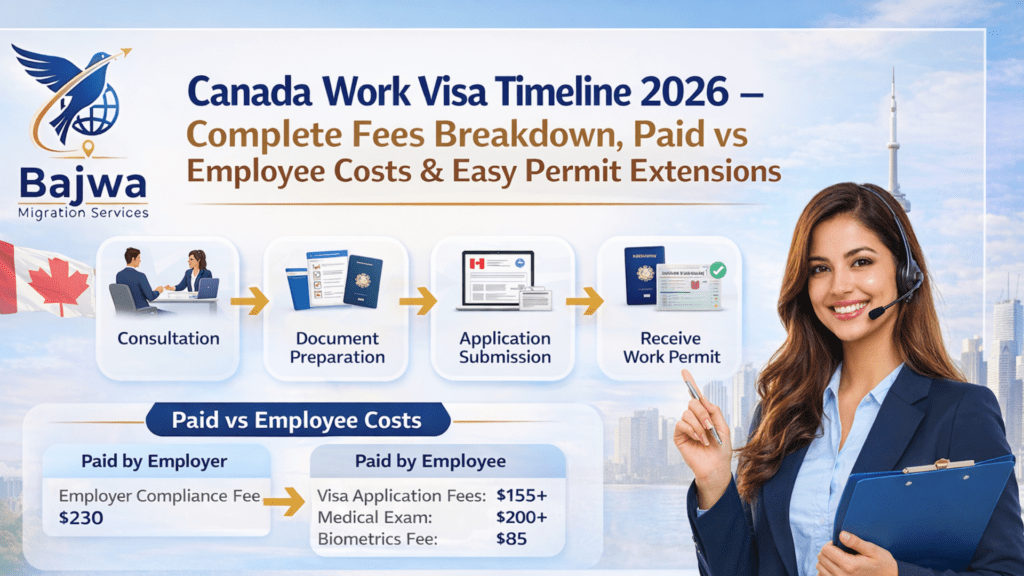 Canadian work visa timeline 2026 showing skilled professionals, full fees breakdown, paid vs employee costs, and work permit extensions