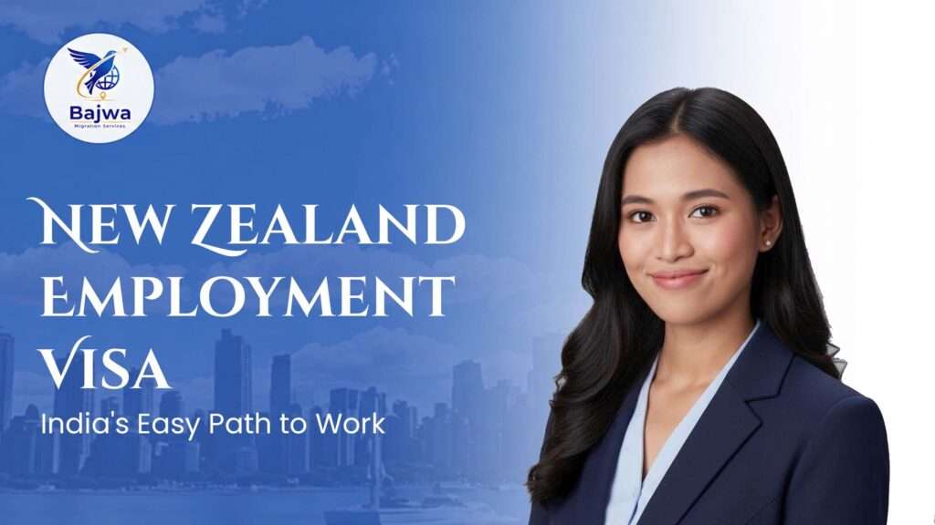 Indian professional holding New Zealand employment visa documents with Auckland skyline in background — New Zealand employment visa for Indians 2026